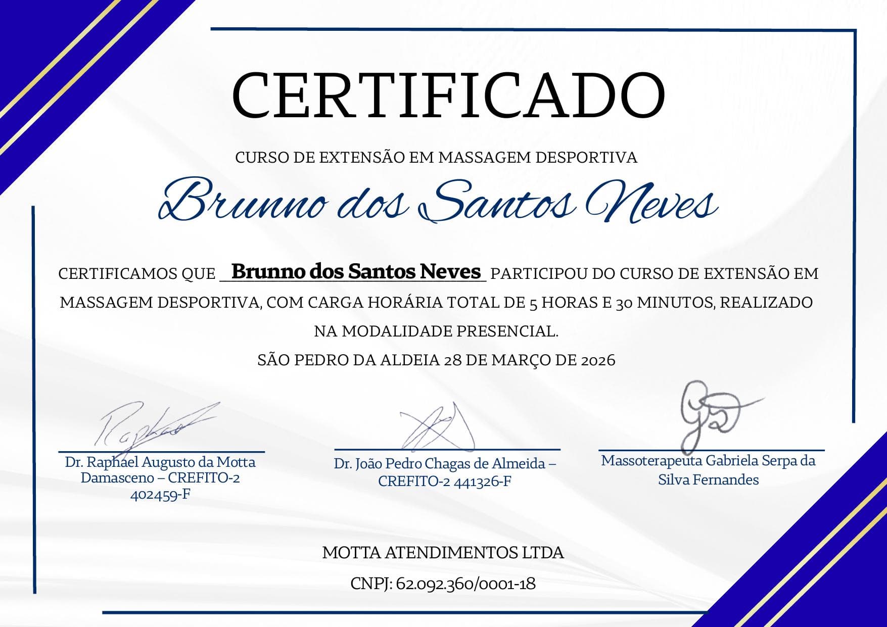 Certificado de Massagem Desportiva — Brunno Neves