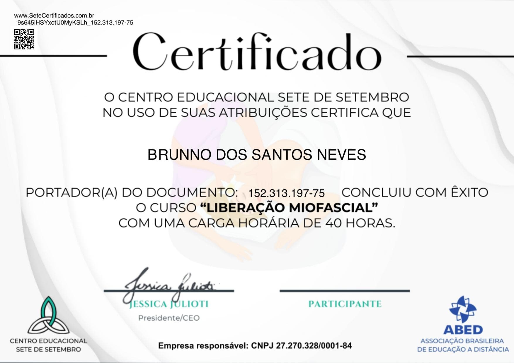 Certificado de Liberação Miofascial — Brunno Neves