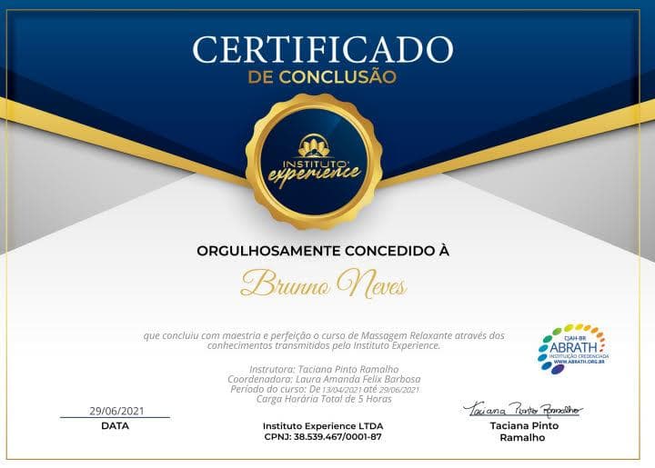 Certificado de Massagem Relaxante — Brunno Neves